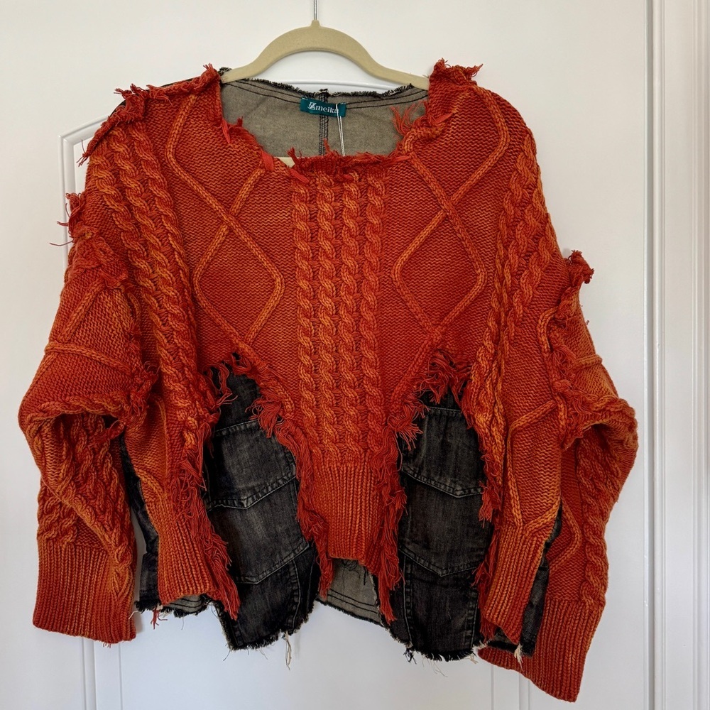 Upcycled Green Knit & Denim Destroyed Sweater – Statement Piece NWT - Picture 14 of 16